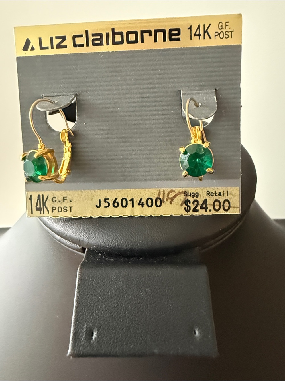 NWT Liz Claiborne New Old Stock Lever-back Gold filled Earrings/Green Stone.
